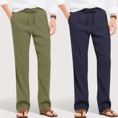 Combo of 2 Linen Loose Fit Men Pant Olive Green and Navy Blue-49571