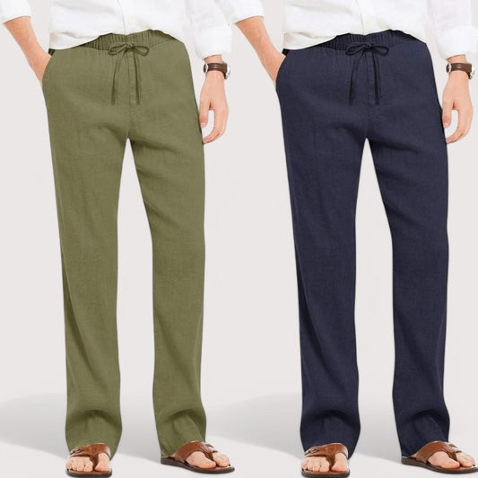 Combo of 2 Linen Loose Fit Men Pant Olive Green and Navy Blue-49571