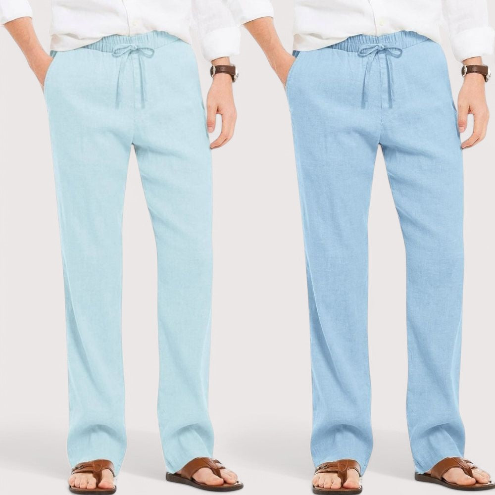 Combo of 2 Linen Loose Fit Men Pant Sky Blue and Blue-49554