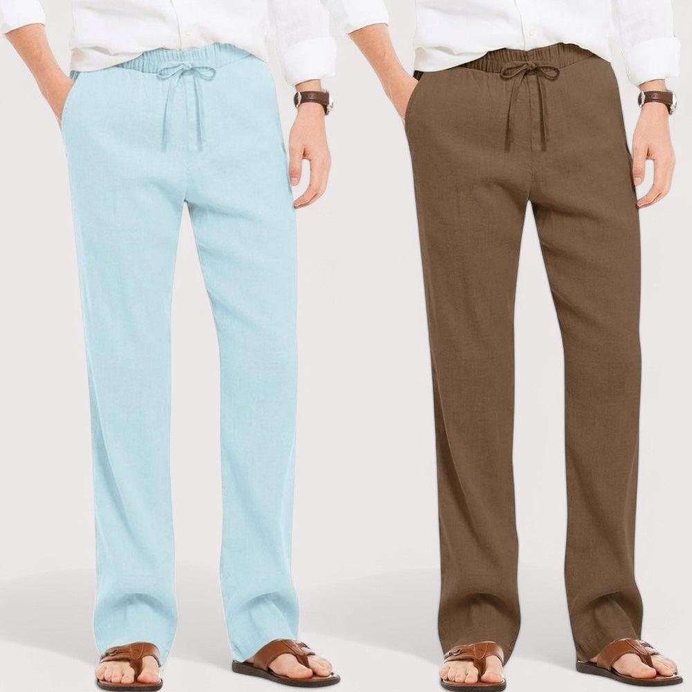Combo of 2 Linen Loose Fit Men Pant Sky Blue and Brown-49555