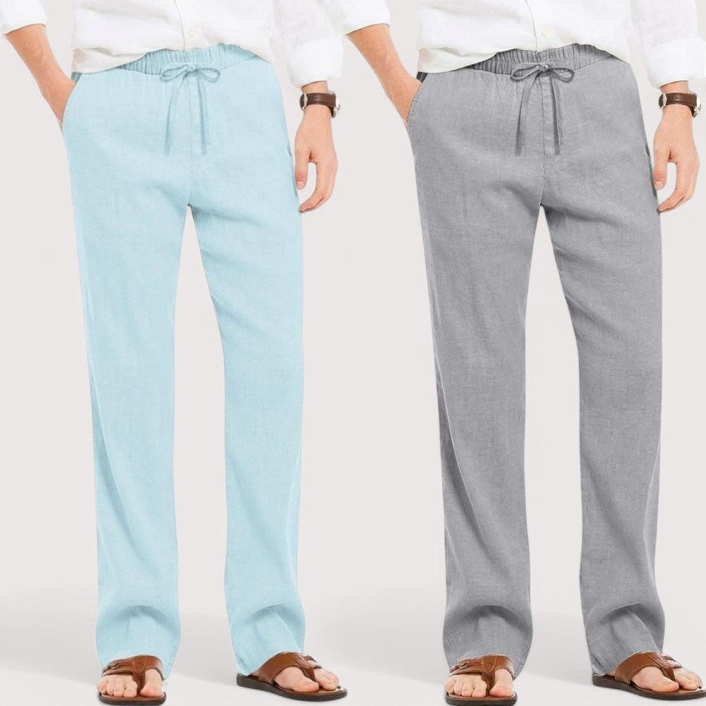 Combo of 2 Linen Loose Fit Men Pant Sky Blue and Gray-49551
