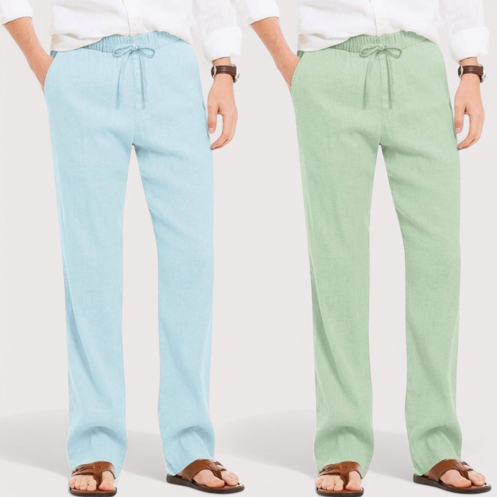 Combo of 2 Linen Loose Fit Men Pant Sky Blue and Green-49550
