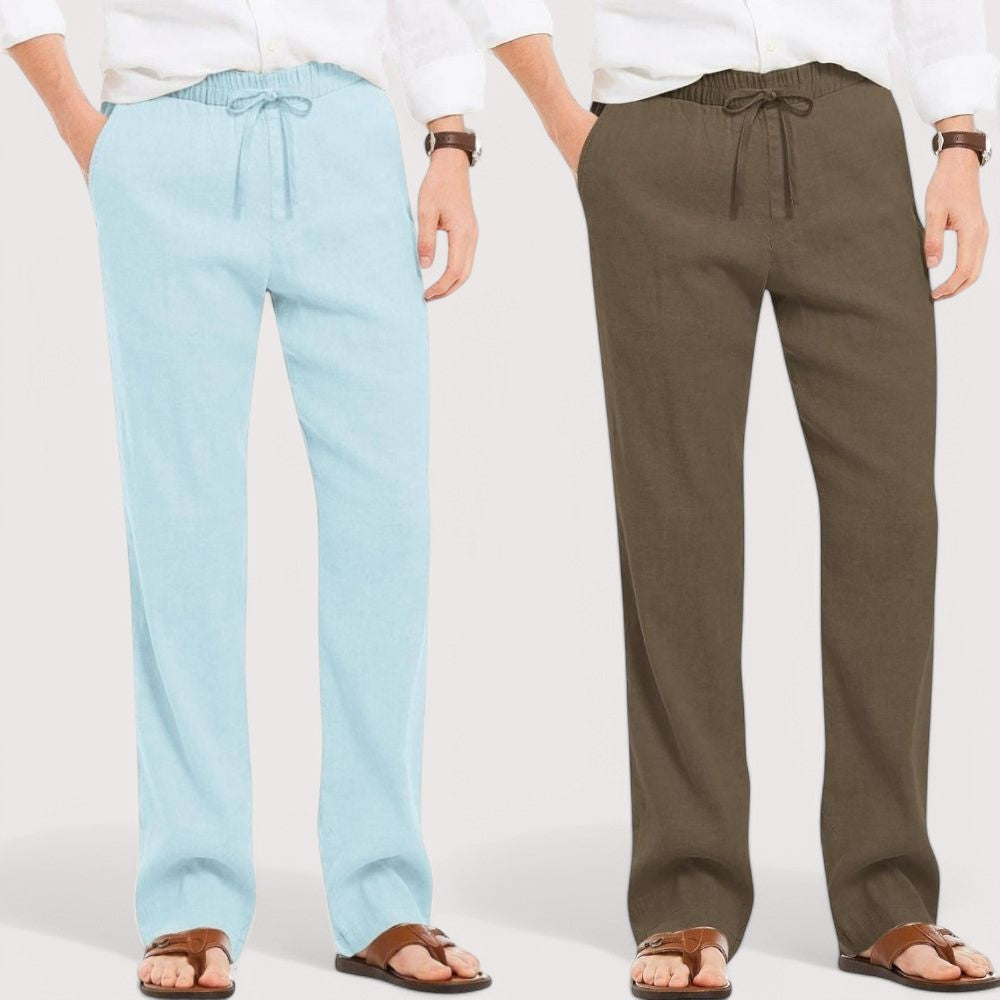 Combo of 2 Linen Loose Fit Men Pant Sky Blue and Khaki-49549