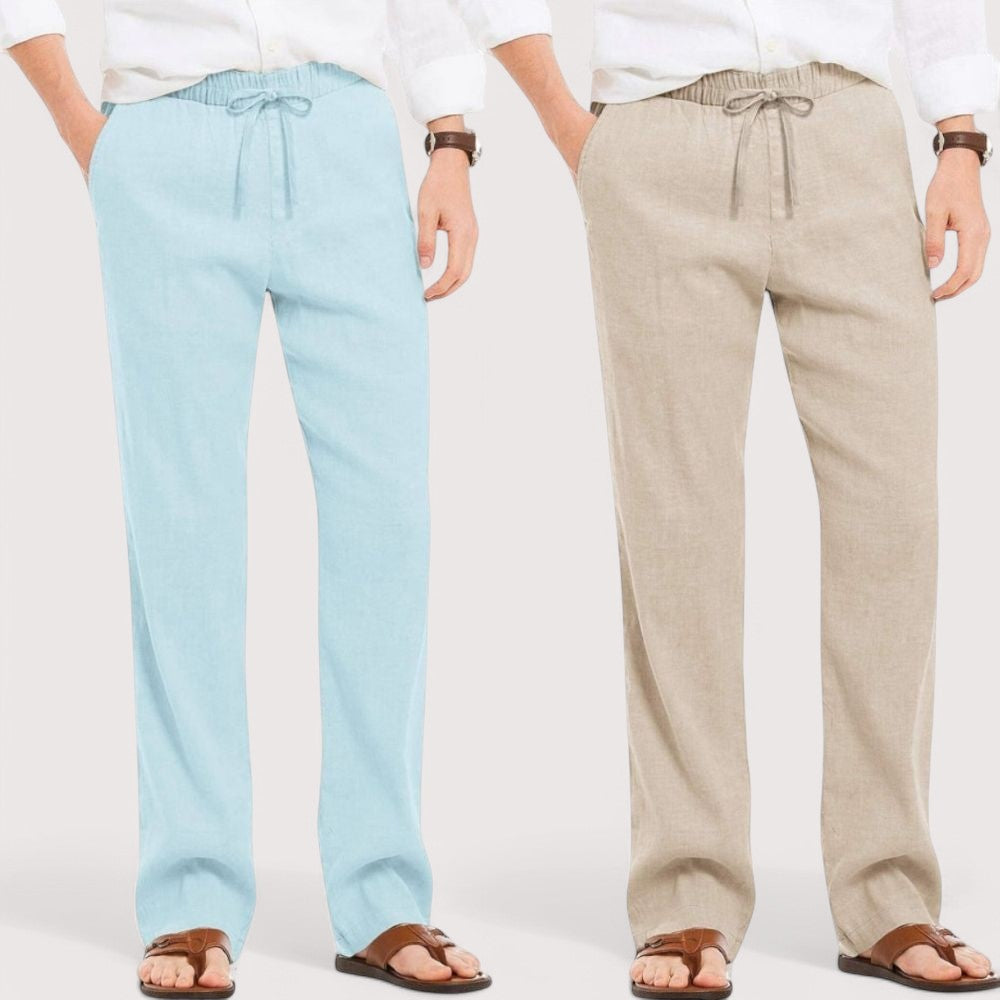 Combo of 2 Linen Loose Fit Men Pant Sky Blue and Light Beige-49548
