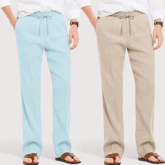 Combo of 2 Linen Loose Fit Men Pant Sky Blue and Light Beige-49548
