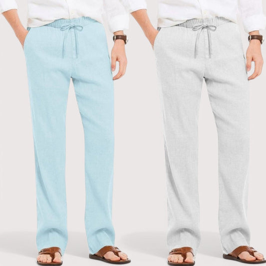 Combo of 2 Linen Loose Fit Men Pant Sky Blue and Light Gray-49547