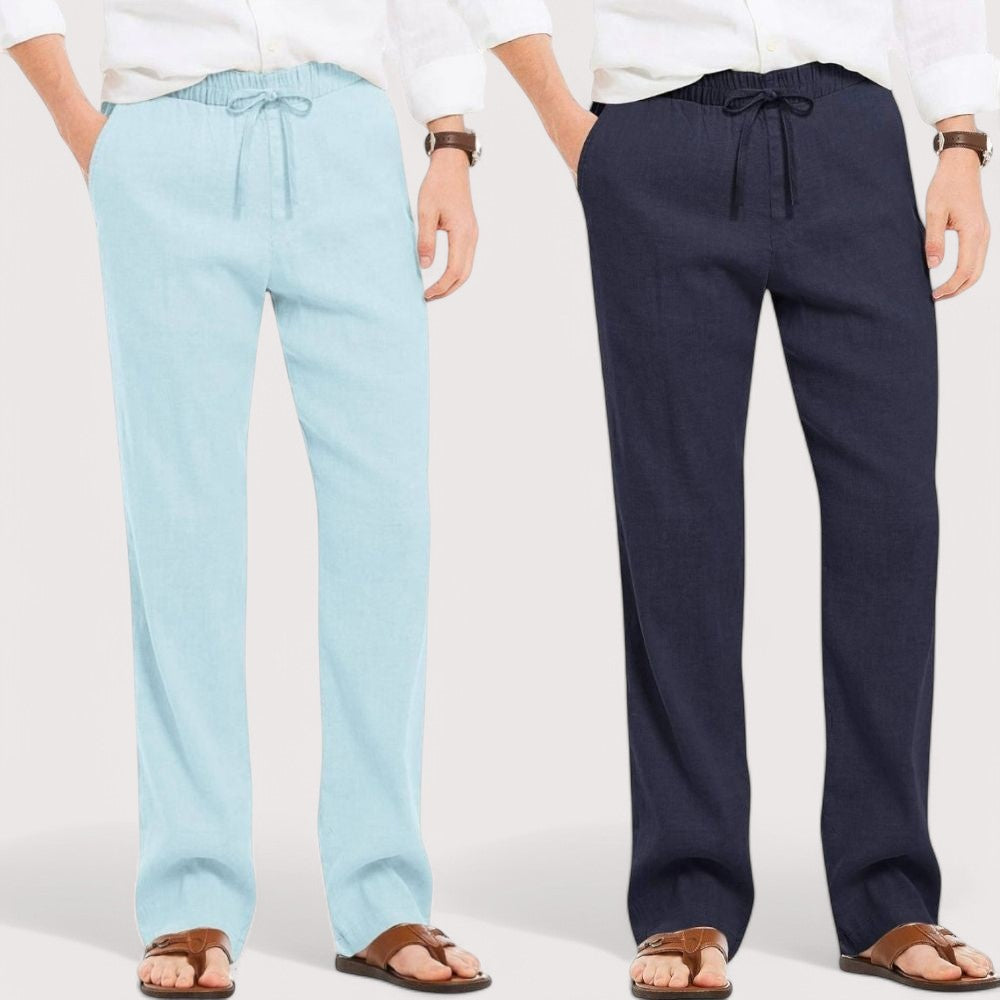 Combo of 2 Linen Loose Fit Men Pant Sky Blue and Navy Blue-49546