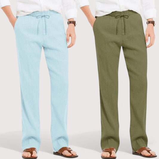 Combo of 2 Linen Loose Fit Men Pant Sky Blue and Olive Green-49545