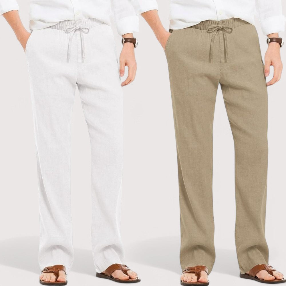 Combo of 2 Linen Loose Fit Men Pant White and Beige-49542