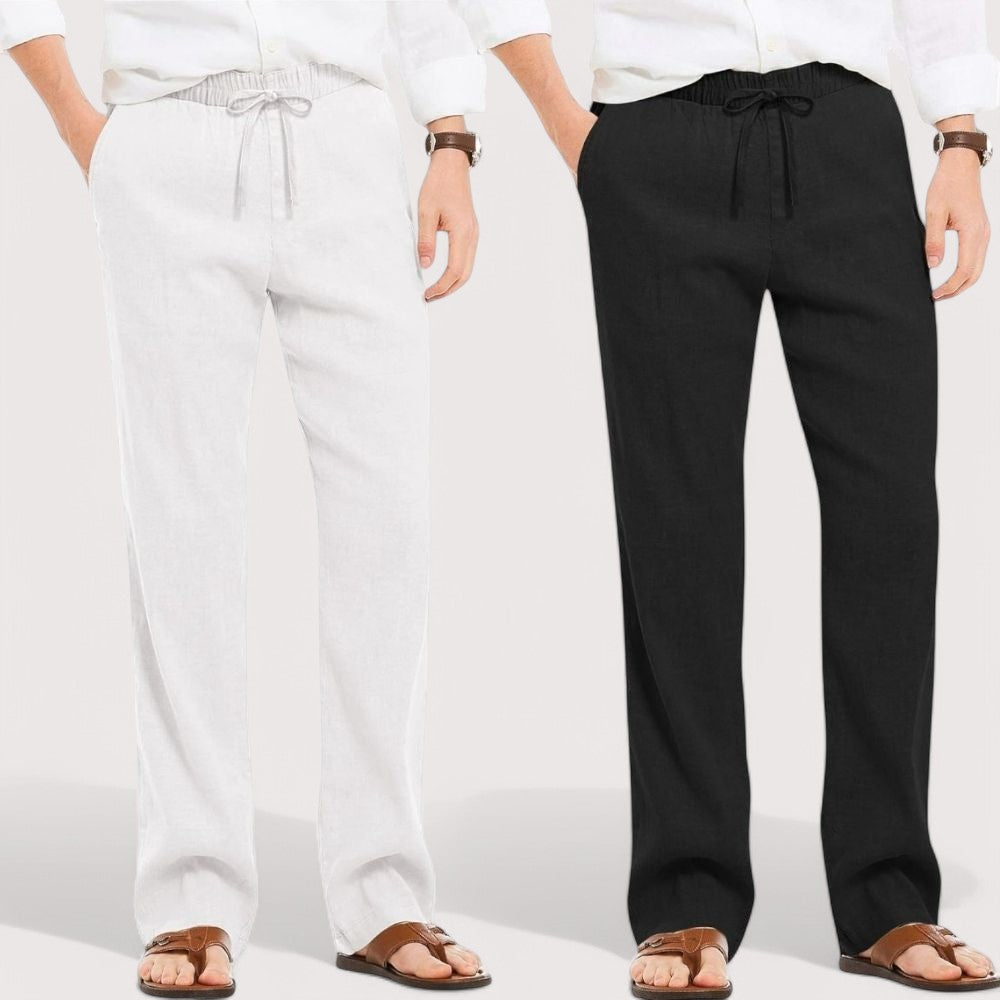 Combo of 2 Linen Loose Fit Men Pant Sky Blue and Black-49557