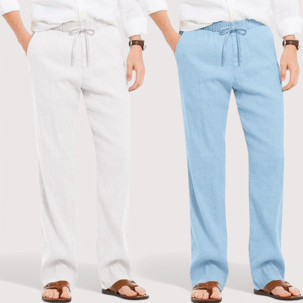Combo of 2 Linen Loose Fit Men Pant White and Blue-49540