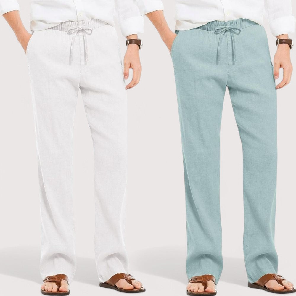 Combo of 2 Linen Loose Fit Men Pant White and Cyan-49539