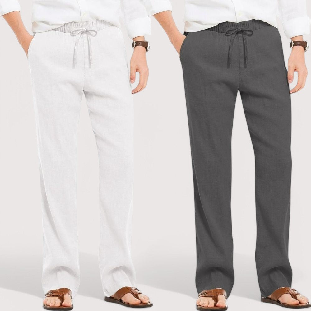 Combo of 2 Linen Loose Fit Men Pant White and Dark Gray-49538