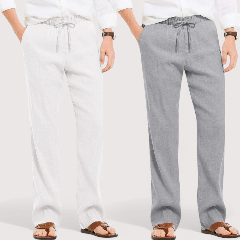 Combo of 2 Linen Loose Fit Men Pant White and Gray-49537