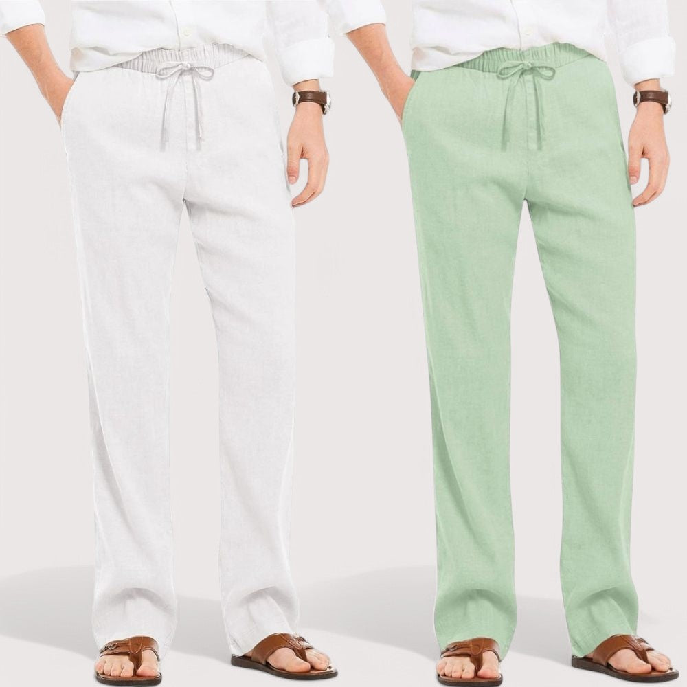 Combo of 2 Linen Loose Fit Men Pant White and Green-49536