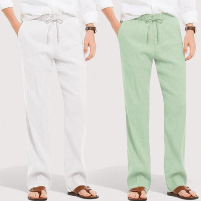 Combo of 2 Linen Loose Fit Men Pant White and Green-49536
