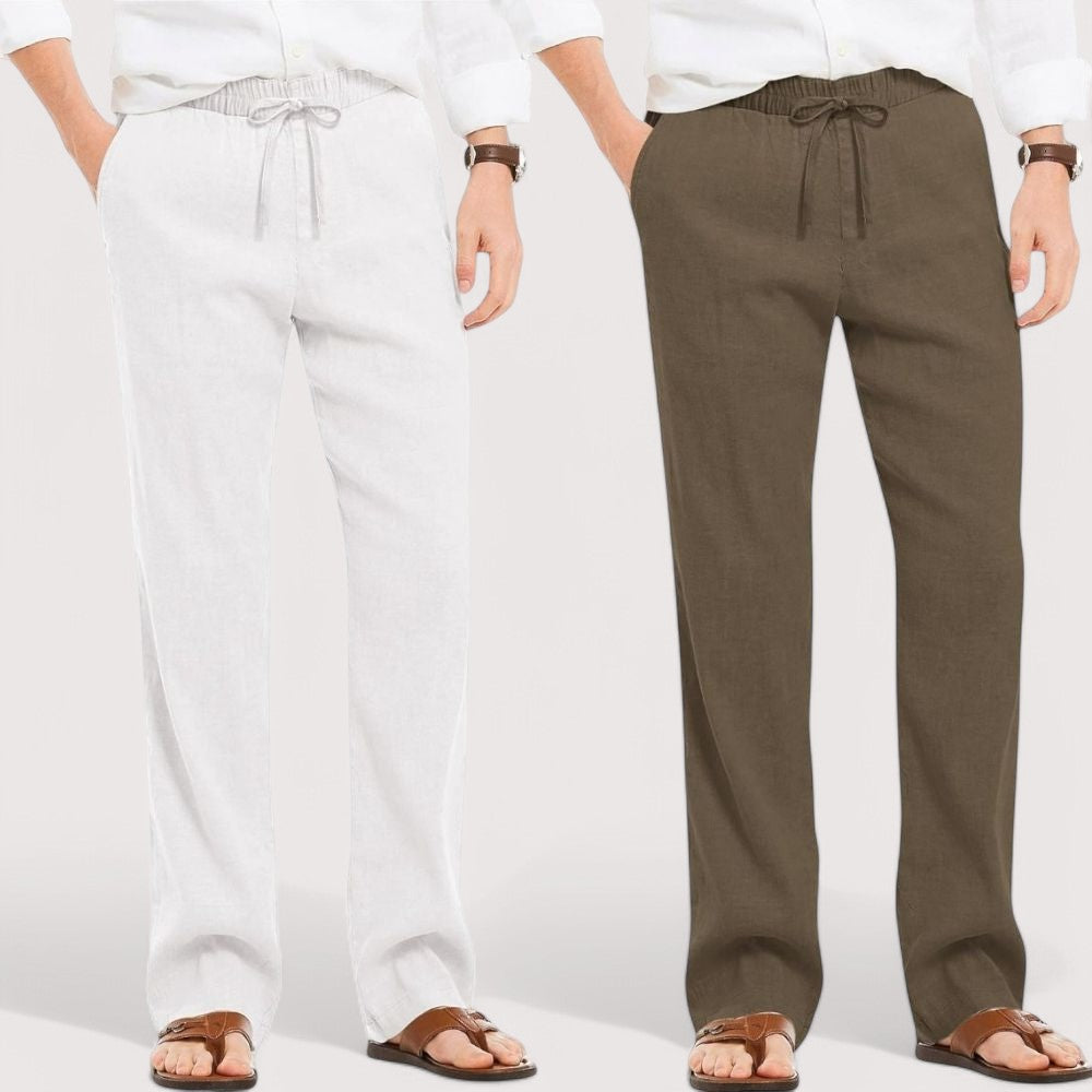 Combo of 2 Linen Loose Fit Men Pant White and Khaki-49535