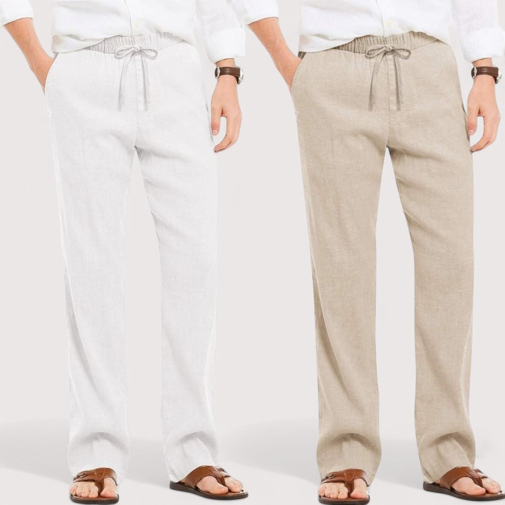 Combo of 2 Linen Loose Fit Men Pant White and Light Beige-49534