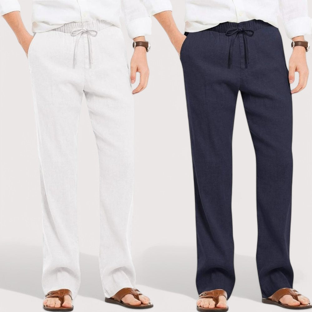 Combo of 2 Linen Loose Fit Men Pant White and Navy Blue-49532