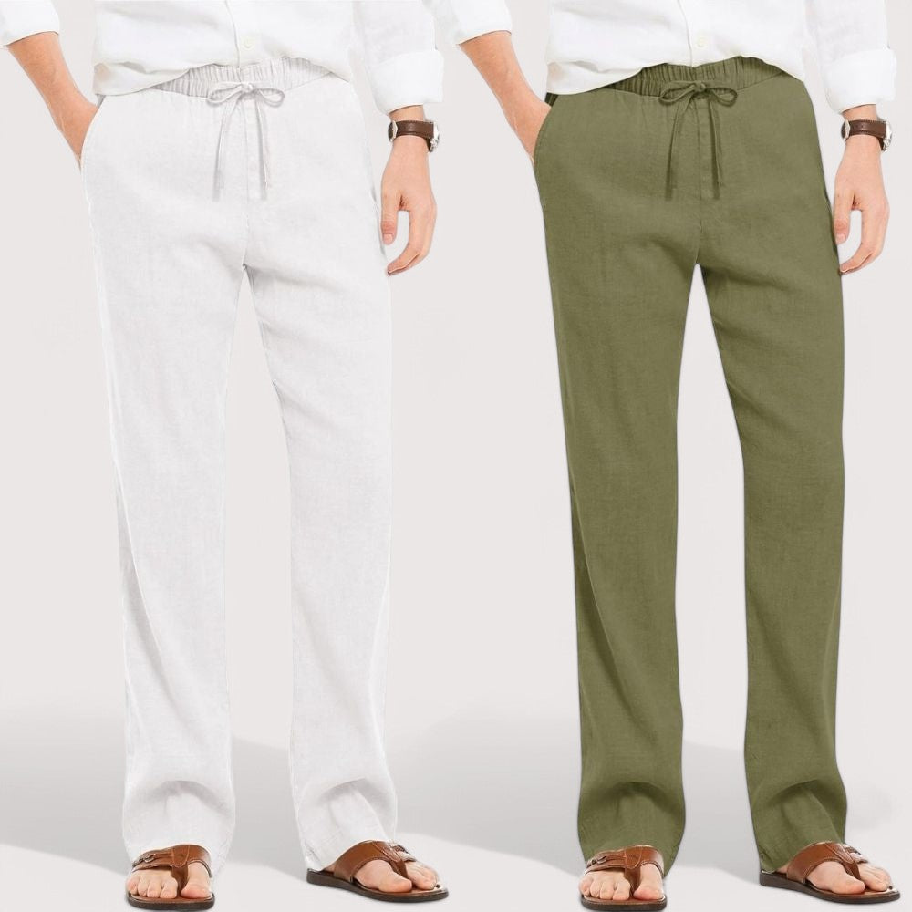 Combo of 2 Linen Loose Fit Men Pant White and Olive Green-49531