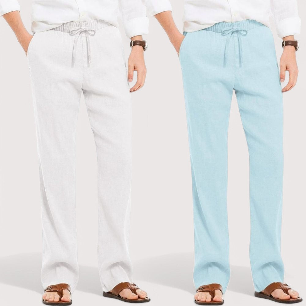 Combo of 2 Linen Loose Fit Men Pant White and Sky Blue-49529