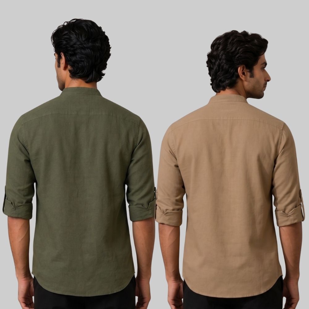 Combo of 2 Linen Solid Short Kurta Army Green and Brown-51099