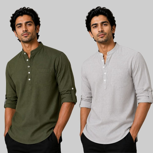 Combo of 2 Linen Solid Short Kurta Army Green and Light Gray-51098