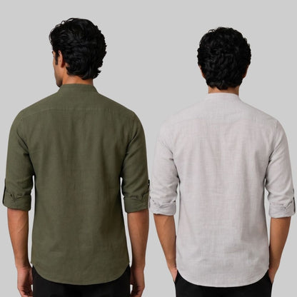 Combo of 2 Linen Solid Short Kurta Army Green and Light Gray-51098