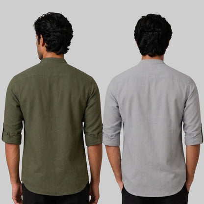 Combo of 2 Linen Solid Short Kurta Army Green and Off White-51101