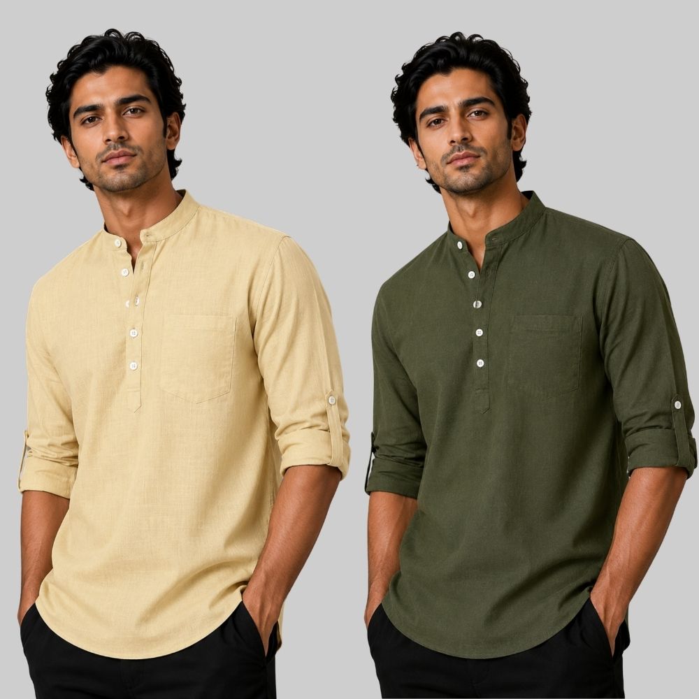 Combo of 2 Linen Solid Short Kurta Beige and Army Green-51088