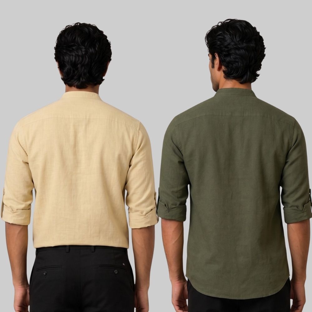 Combo of 2 Linen Solid Short Kurta Beige and Army Green-51088