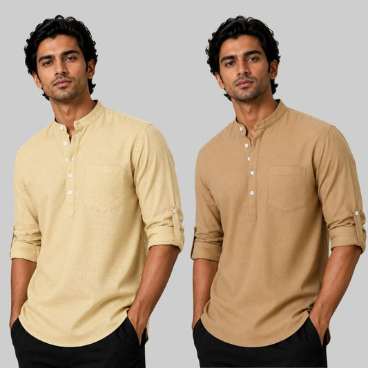 Combo of 2 Linen Solid Short Kurta Beige and Dark Beige-51091