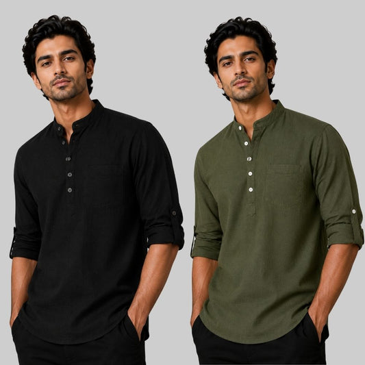 Combo of 2 Linen Solid Short Kurta Black and Army Green-51075