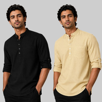 Combo of 2 Linen Solid Short Kurta Black and Beige-51073