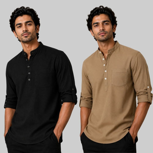 Combo of 2 Linen Solid Short Kurta Black and Brown-51077