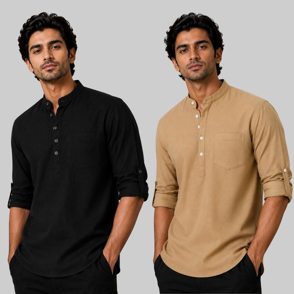 Combo of 2 Linen Solid Short Kurta Black and Dark Beige-51078