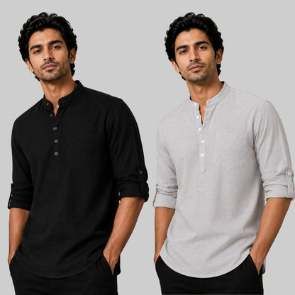 Combo of 2 Linen Solid Short Kurta Black and Light Gray-51076