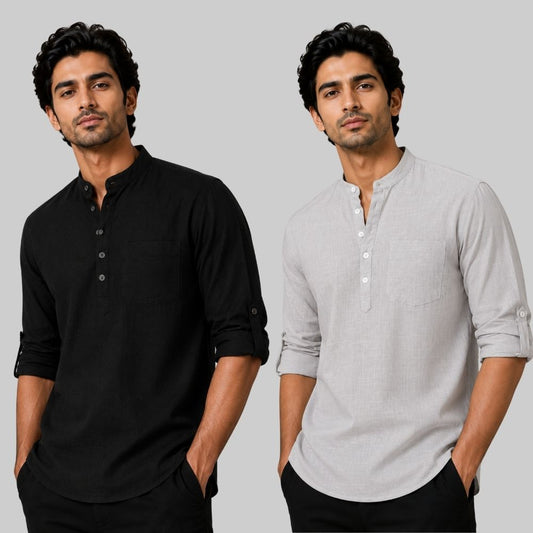Combo of 2 Linen Solid Short Kurta Black and Light Gray-51076