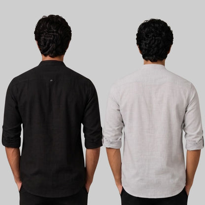 Combo of 2 Linen Solid Short Kurta Black and Light Gray-51076