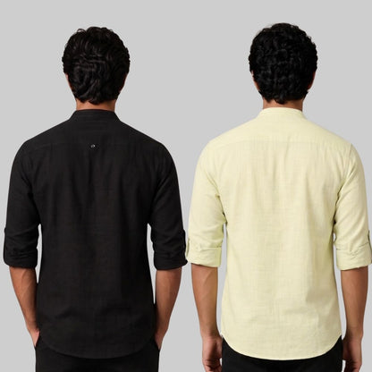 Combo of 2 Linen Solid Short Kurta Black and Light Yellow-51074
