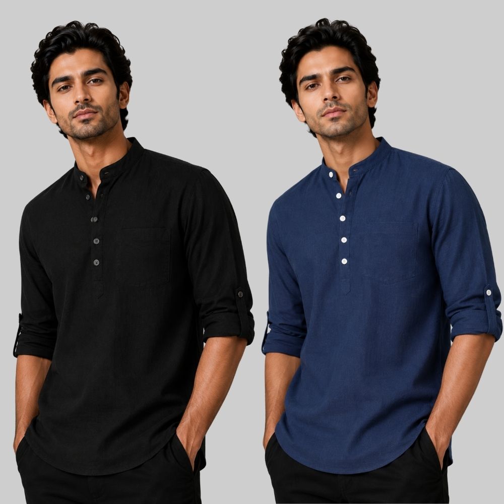 Combo of 2 Linen Solid Short Kurta Black and Navy Blue-51072