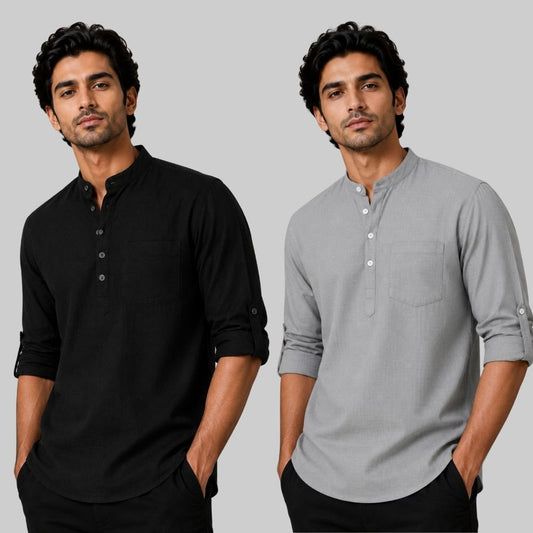 Combo of 2 Linen Solid Short Kurta Black and Off White-51079