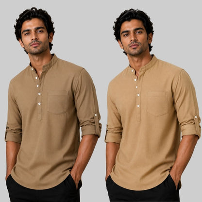 Combo of 2 Linen Solid Short Kurta Brown and Dark Beige-51105