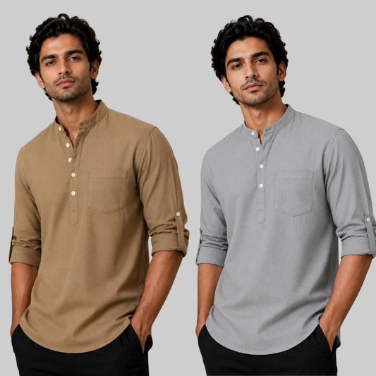 Combo of 2 Linen Solid Short Kurta Dark Beige and Off White-51107