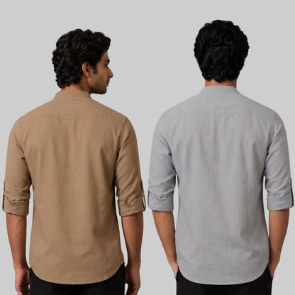 Combo of 2 Linen Solid Short Kurta Dark Beige and Off White-51107