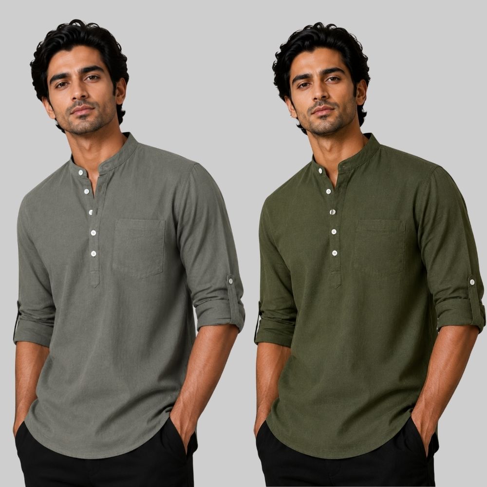 Combo of 2 Linen Solid Short Kurta Gray and Army Green-51067