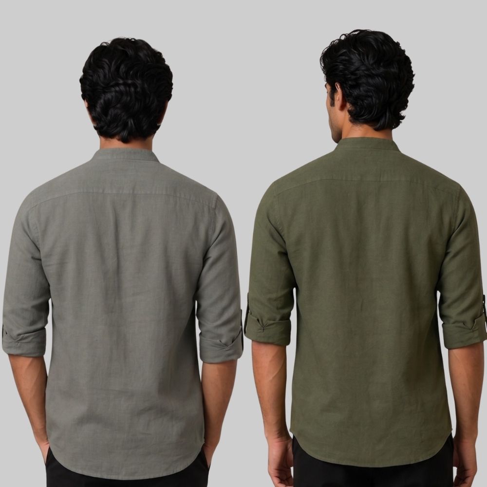 Combo of 2 Linen Solid Short Kurta Gray and Army Green-51067