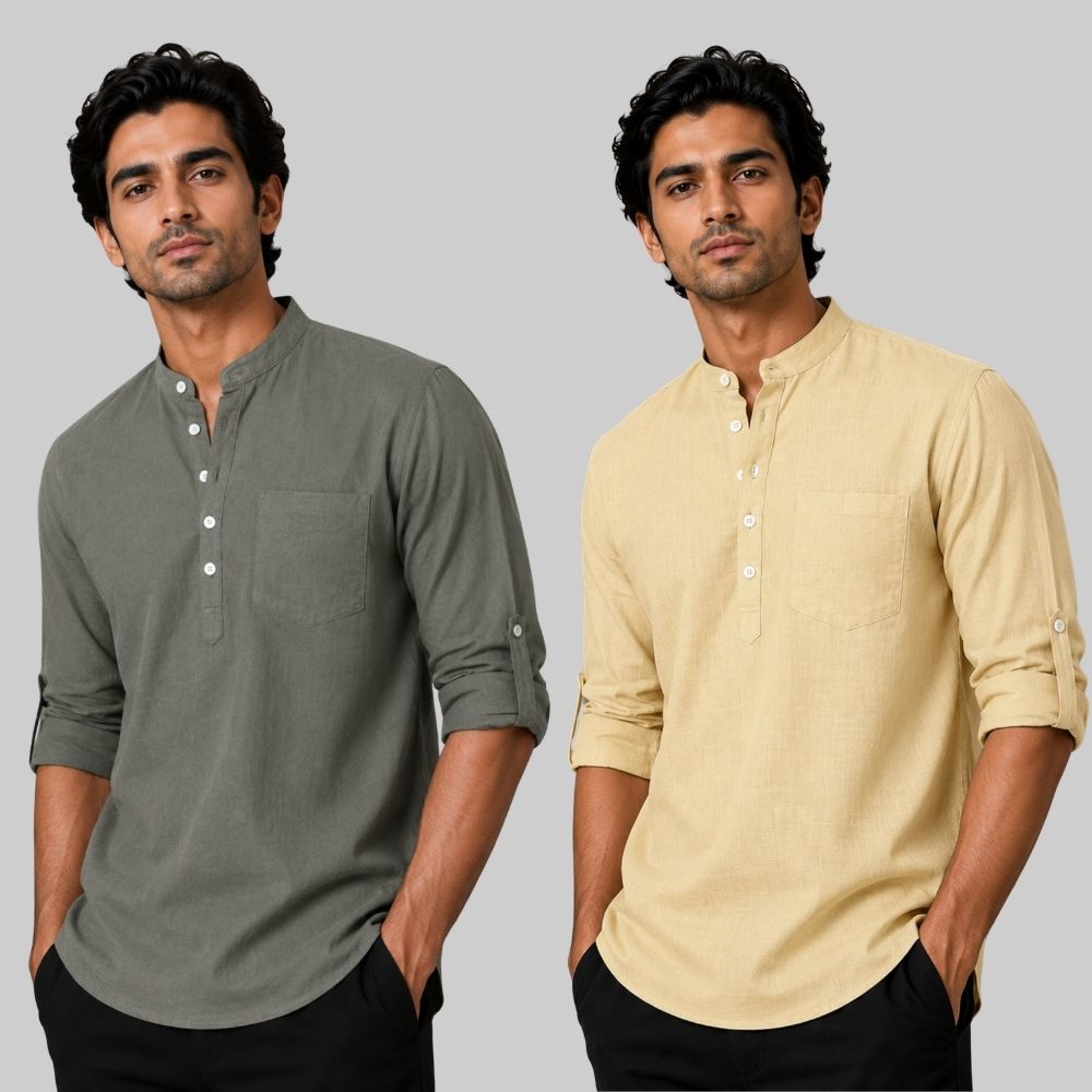 Combo of 2 Linen Solid Short Kurta Gray and Beige-51065