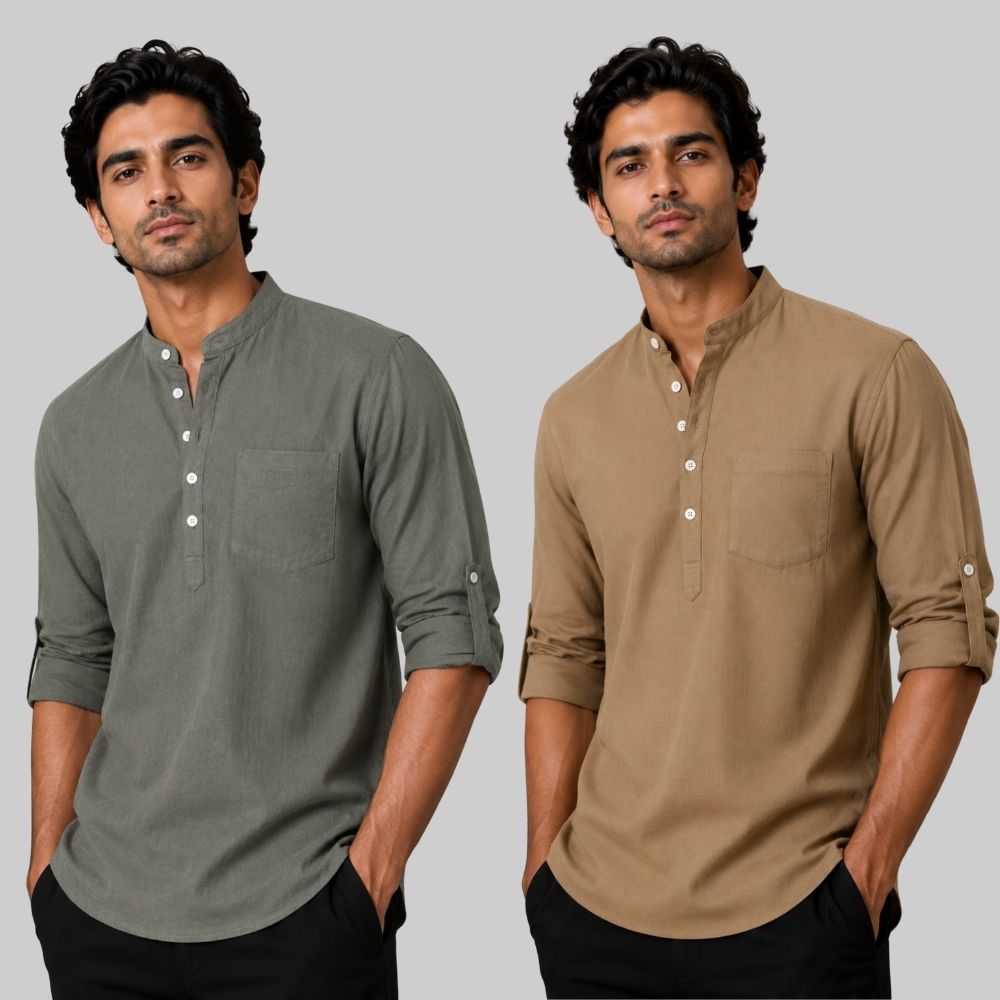 Combo of 2 Linen Solid Short Kurta Gray and Brown-51069