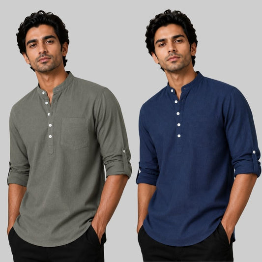 Combo of 2 Linen Solid Short Kurta Gray and Navy Blue-51064